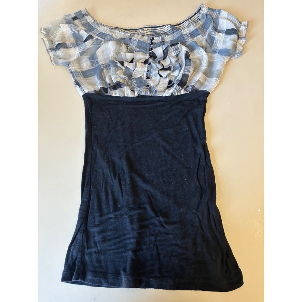 Chico Plaid Ruffle Off Shoulder Top Blue White Black Knit Mixed Media Small
